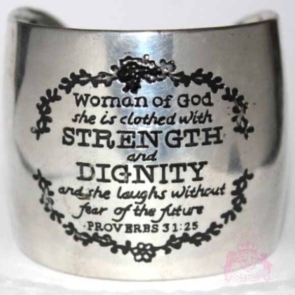 Woman of God Proverbs 31:25 Strength Dignity Antique Silver Tone Cuff Bracelet - Picture 1 of 3